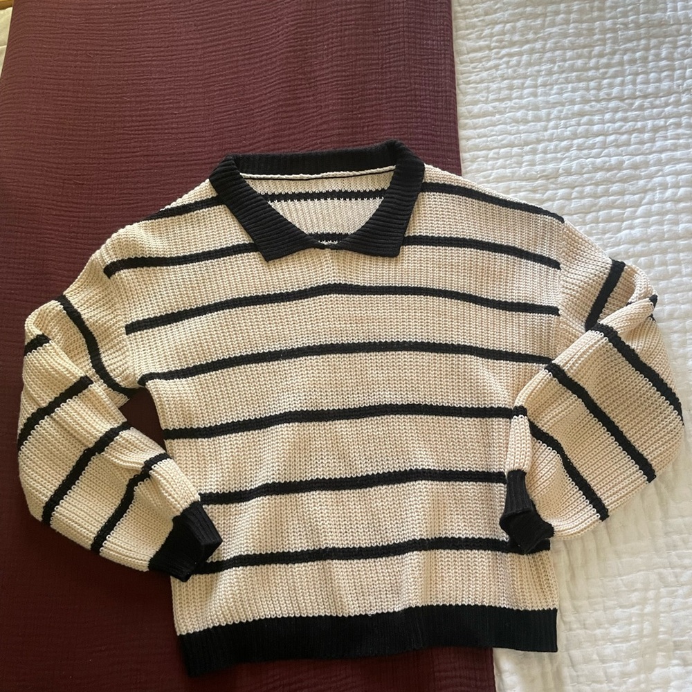 Striped Collared Knit Sweater - Cream & Black - Picture 3 of 6
